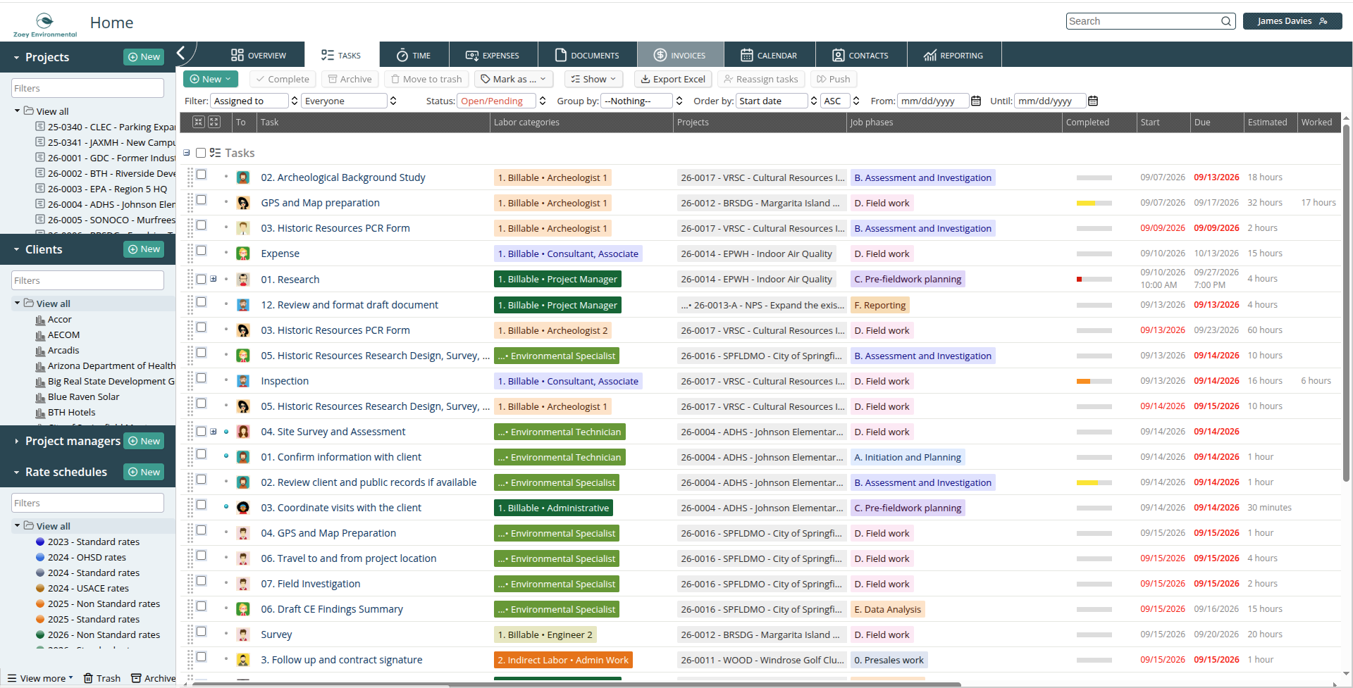 Tasks module toolbar and list