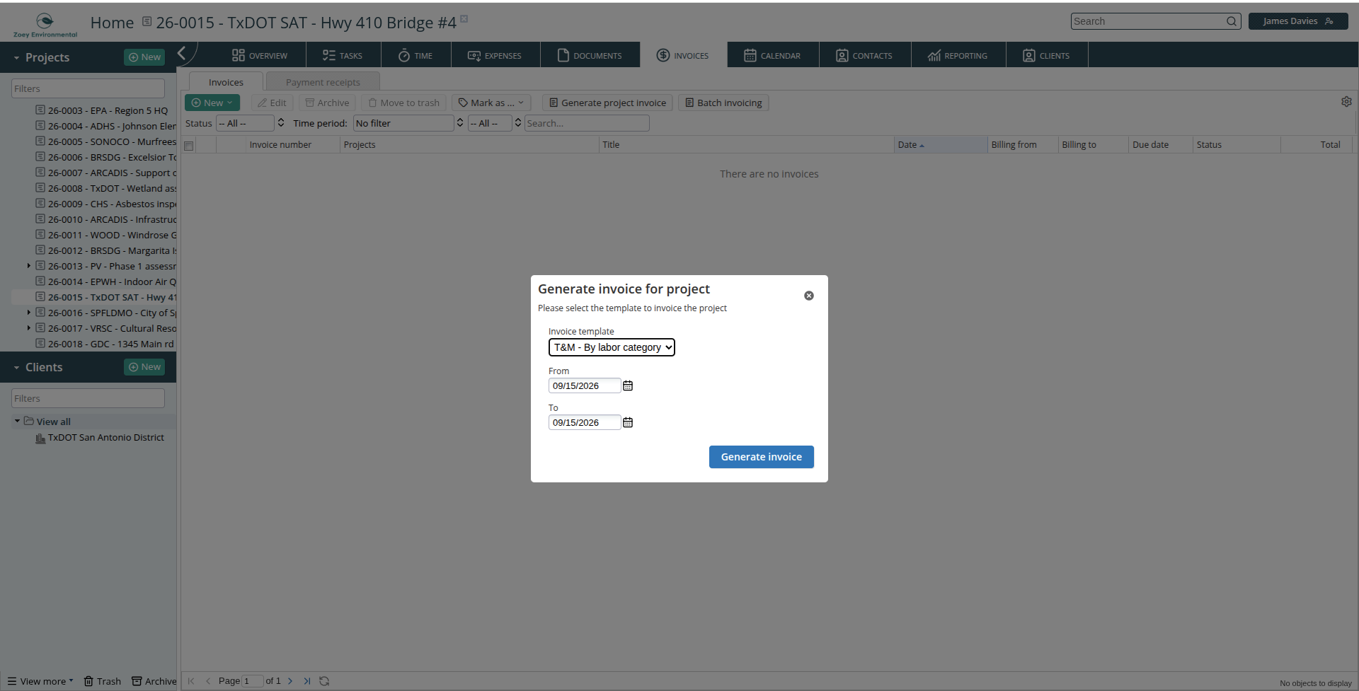 Generate invoice screen