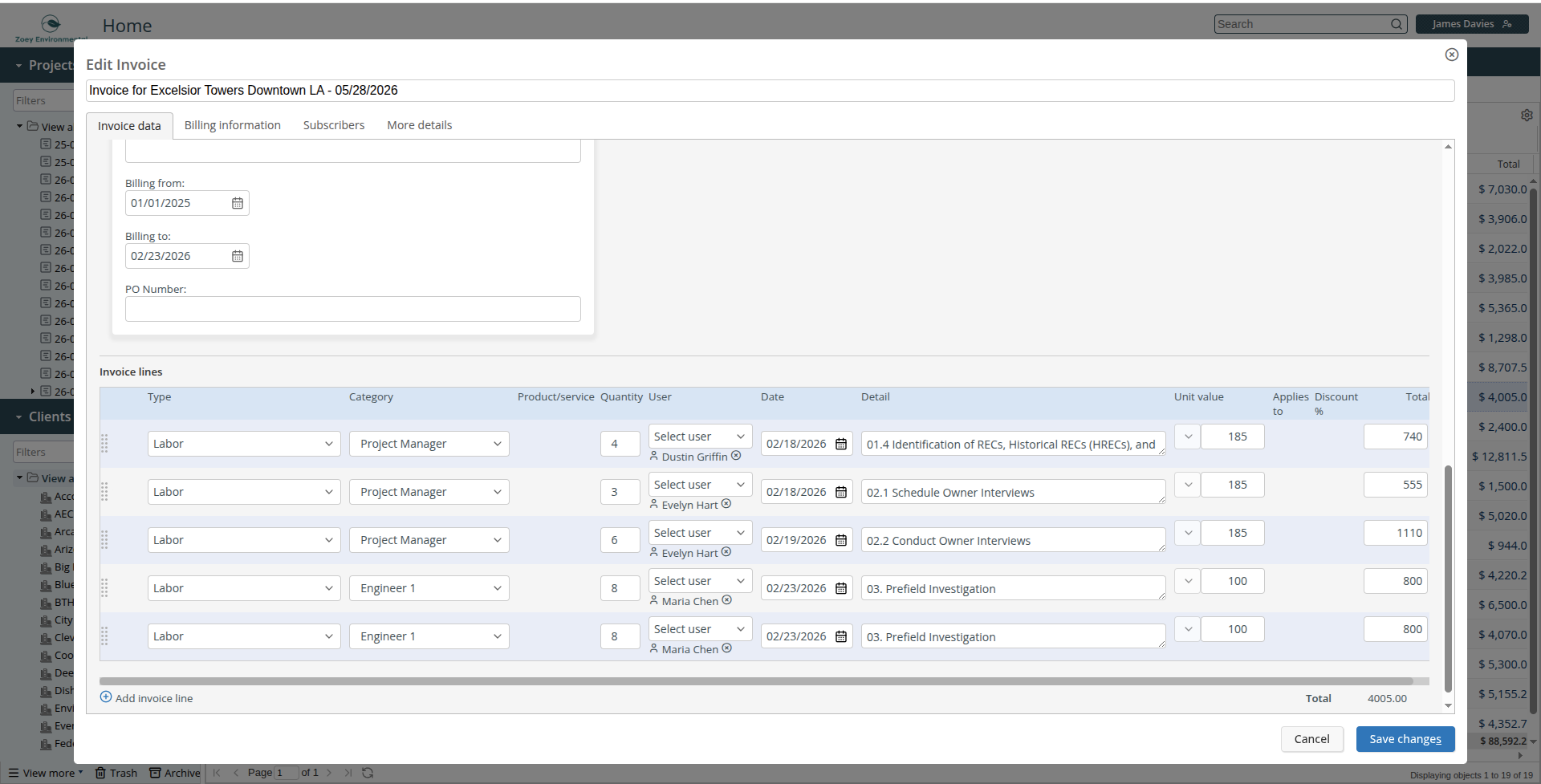 Invoice detail and line items