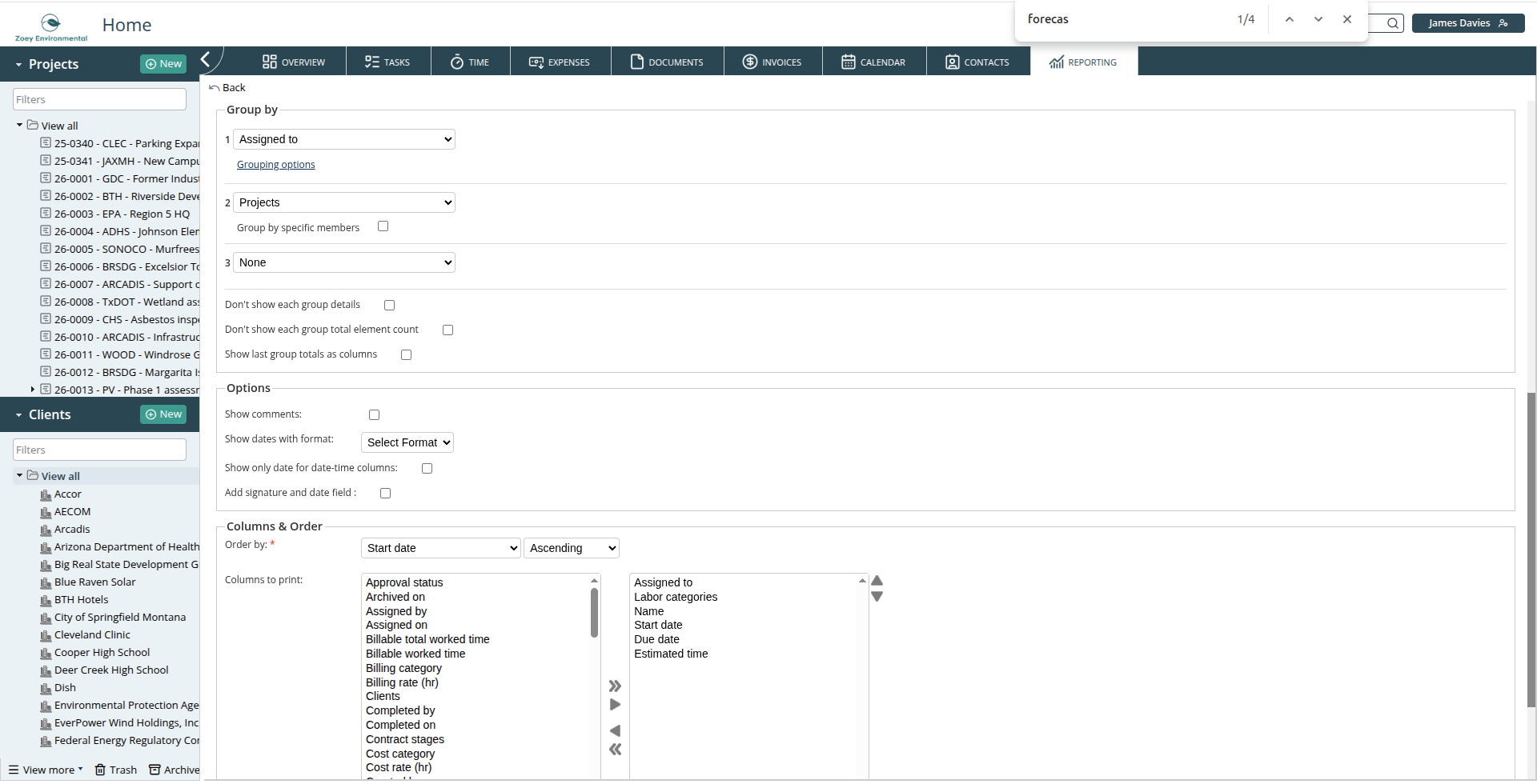 Custom report columns and options