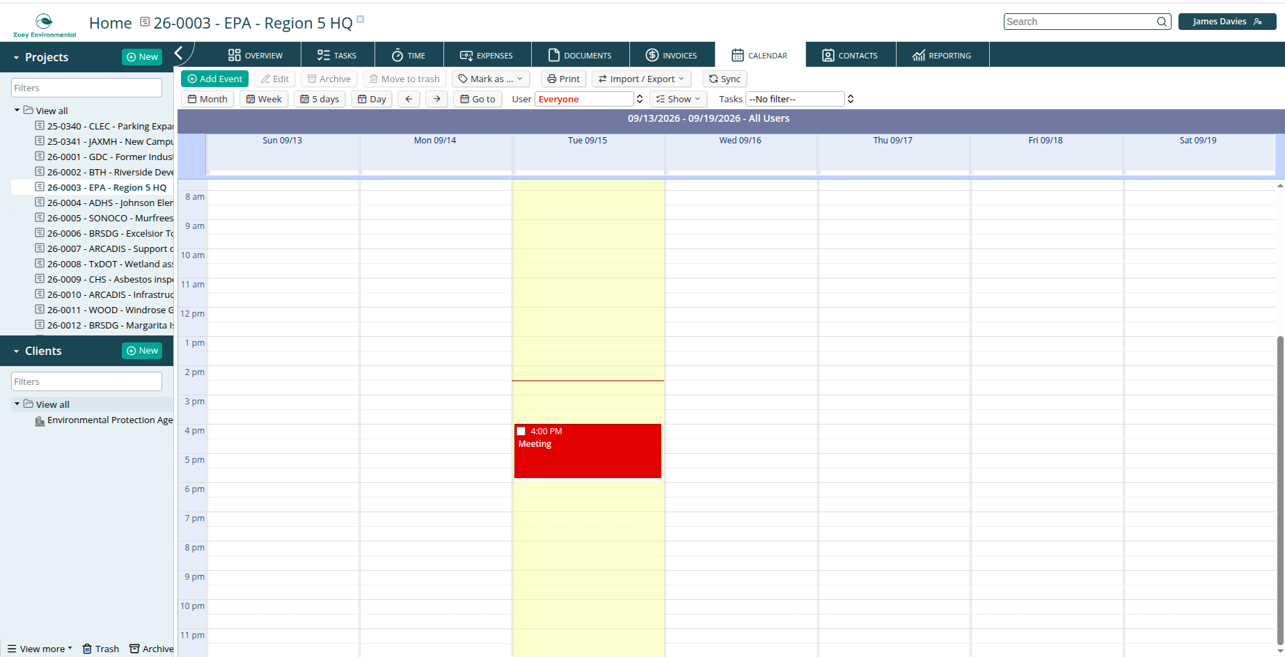 Calendar filtered by project context