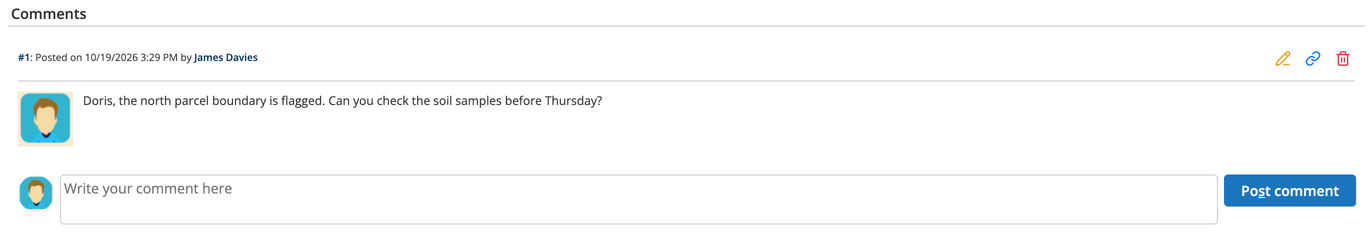 A comment posted on the task, with the author and the date