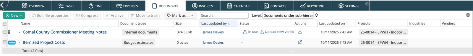 Documents tab showing the files shared on a project