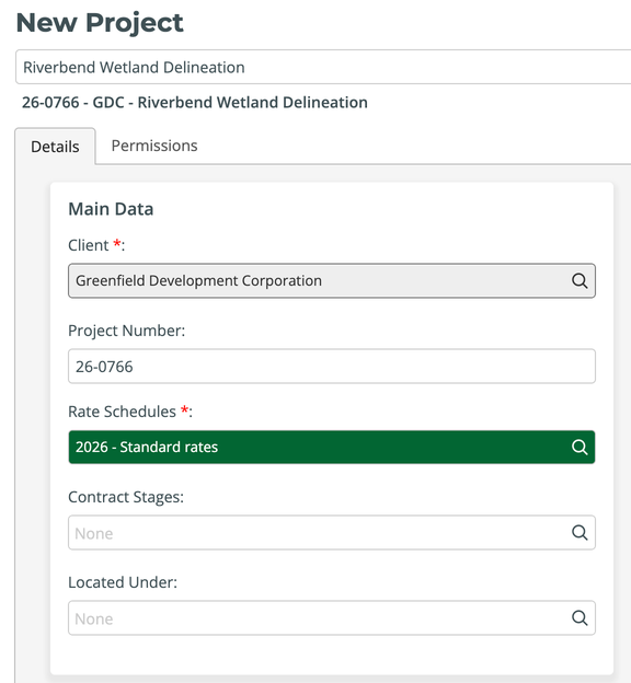 New Project form with the project name, client, and rate schedule filled in