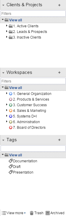 Left navigation dimension panels and filter boxes