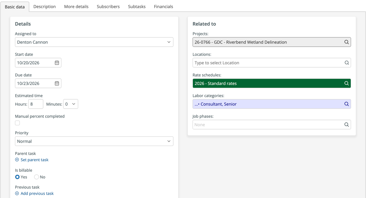 Basic data tab of a task with assignee, dates, estimated time, project, rate schedule, and labor category filled in