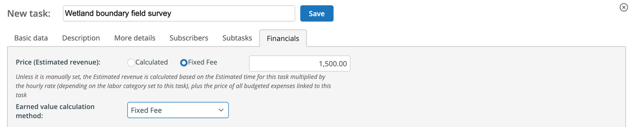 Financials tab with Fixed Fee selected and a price of 1,500.00