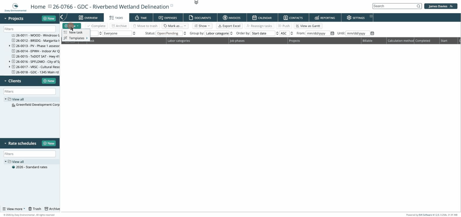 Opening the New task form from the Tasks tab