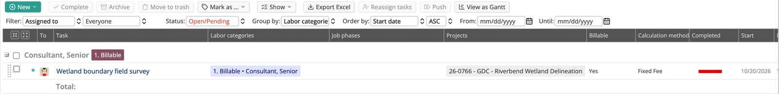 Tasks tab listing the new task with its labor category, project, and calculation method