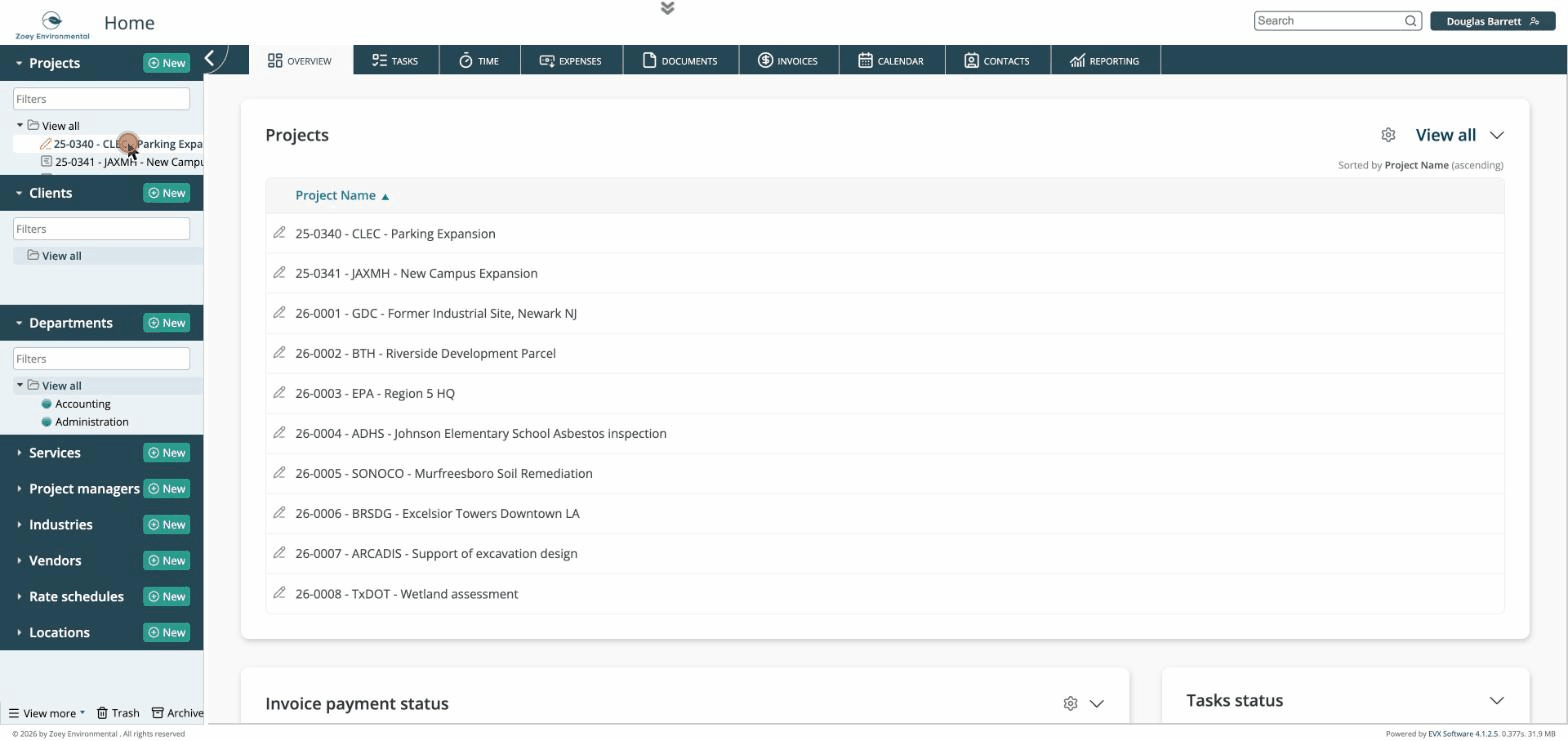 Selecting a project in the left panel shows that project on Overview; clicking Home clears the filter