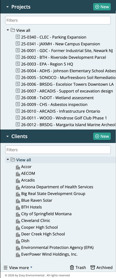 Left panel with Projects, Clients, and other sections