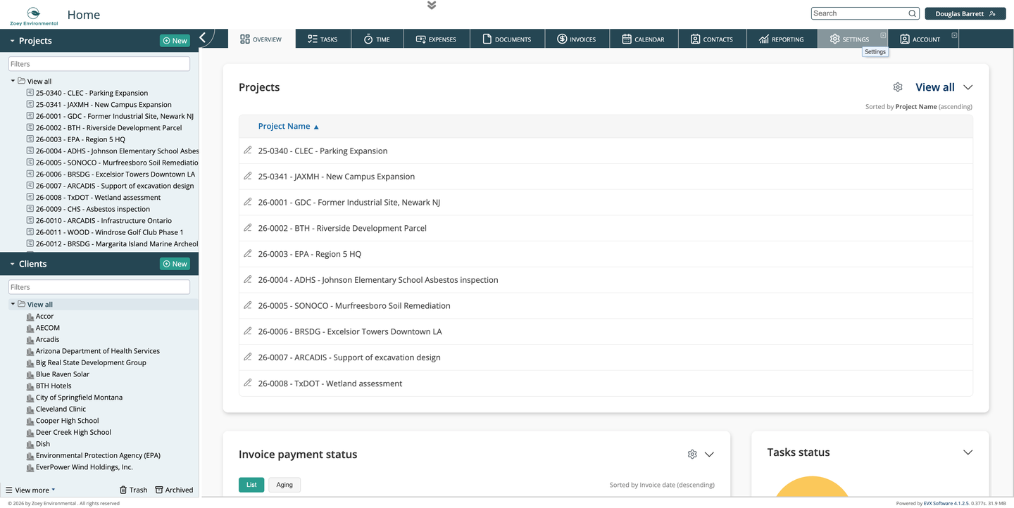 EVX Software Overview with the top bar, module tabs, left panel, and dashboard