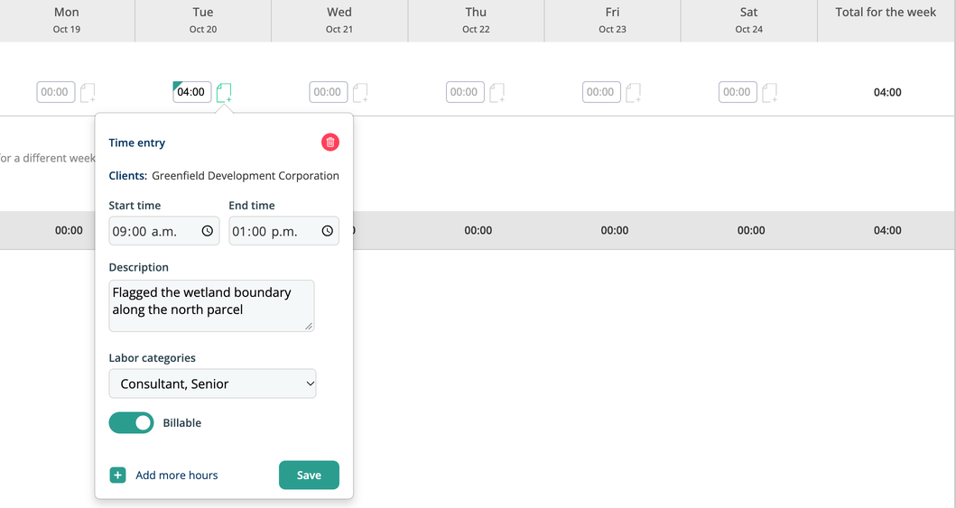 Time entry details with start and end time, description, labor category, and billable switch