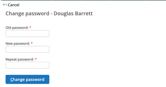 Change password form with old password, new password, and repeat password