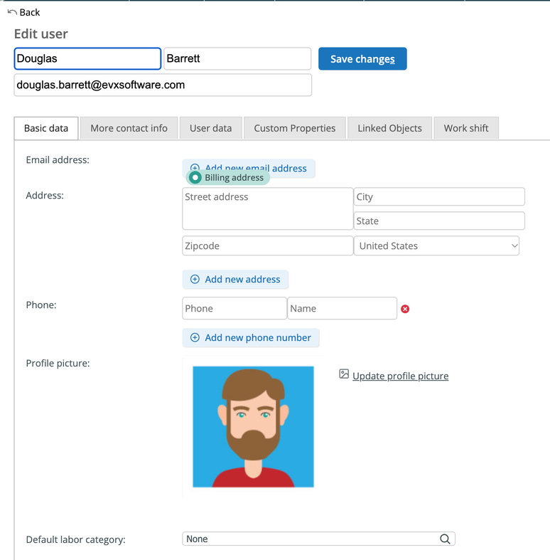 Edit user screen showing name, email, address, phone, and profile picture