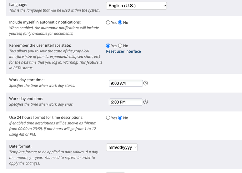 General preferences showing language, work day hours, 24-hour format, and date format