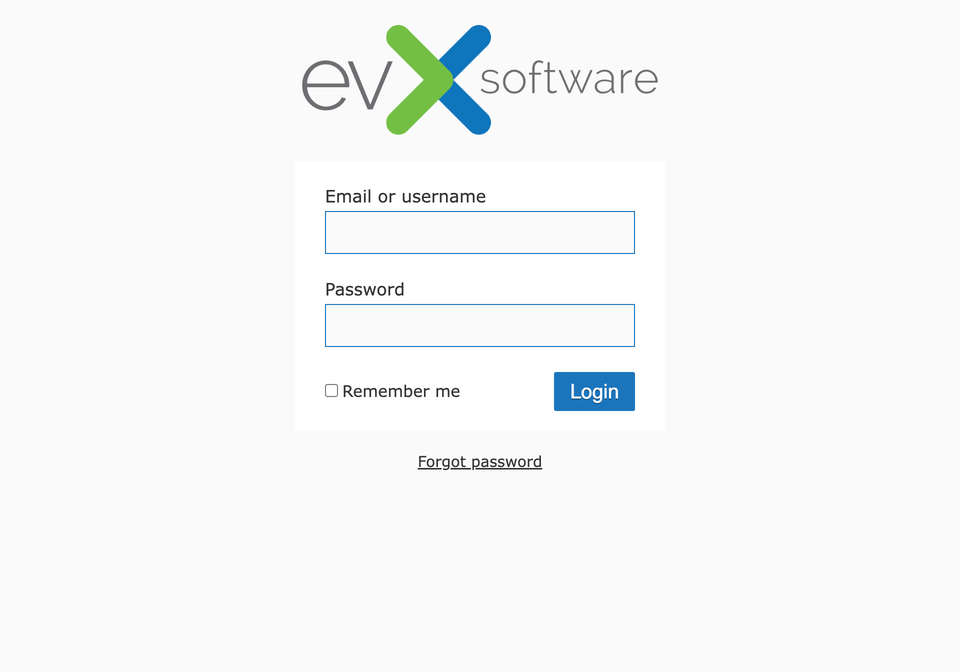EVX Software sign-in screen with email or username, password, Remember me, and Login