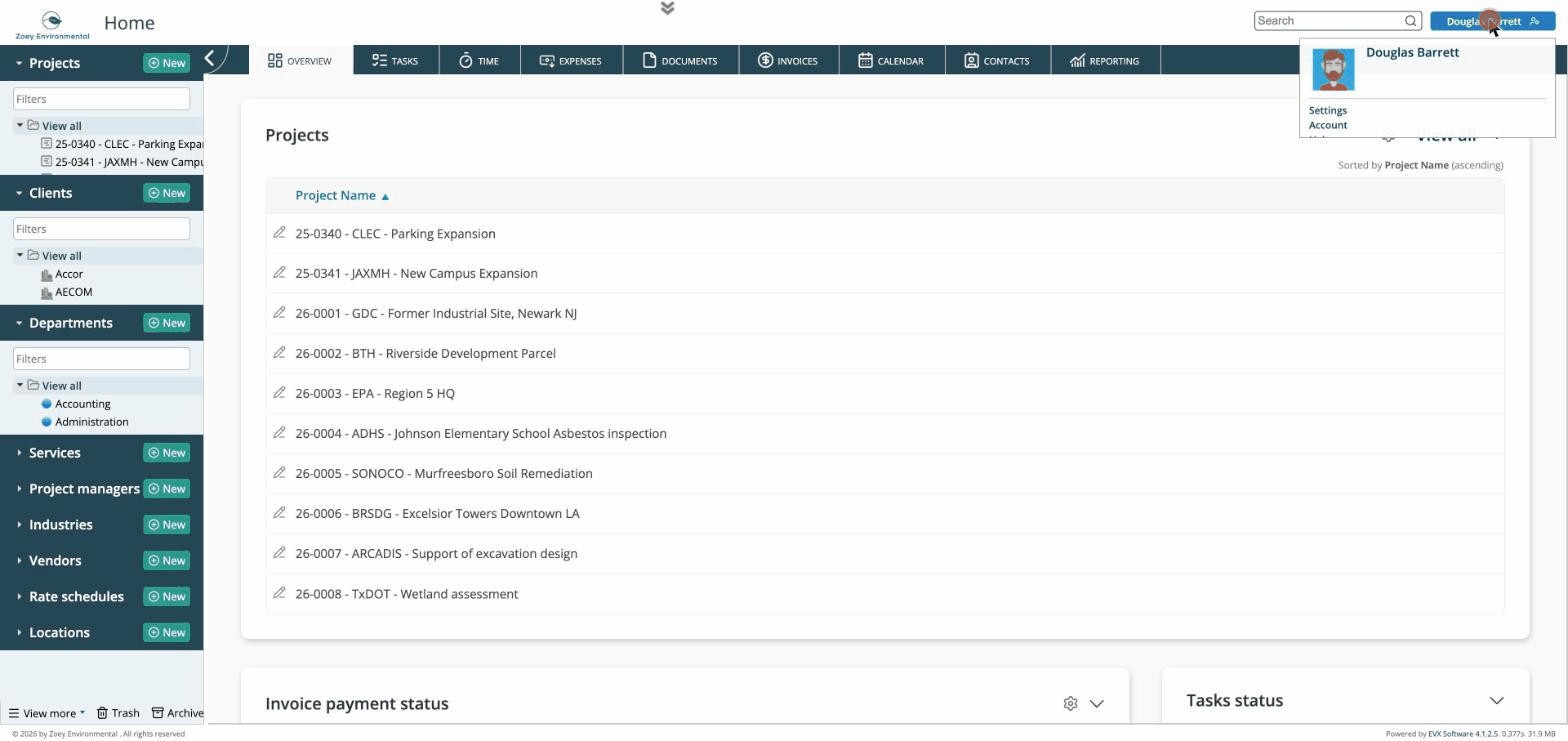 Opening Settings from the user menu in EVX Software