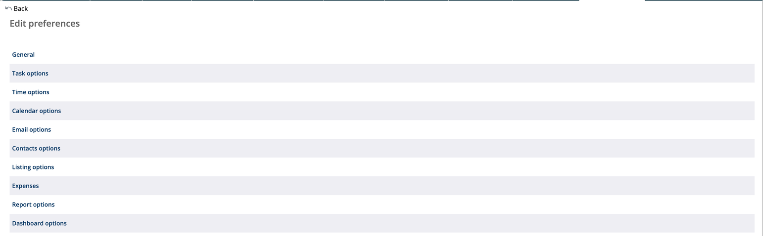 Edit preferences screen listing General, Task options, Time options, Calendar options, and other groups