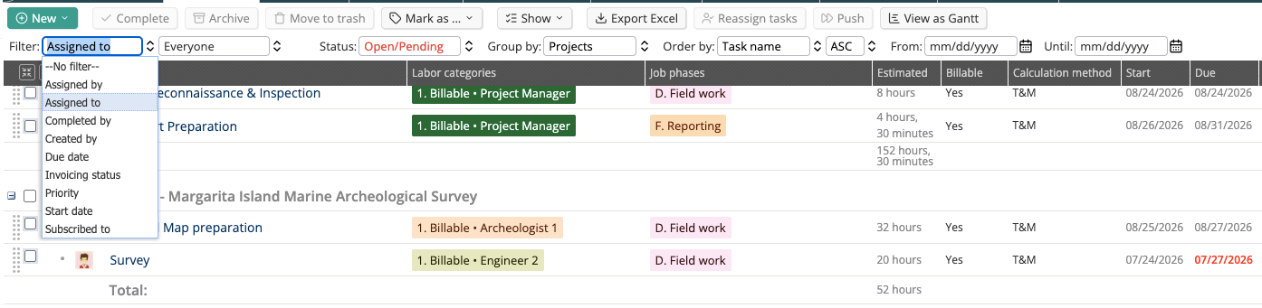 Task module filters within a selected context